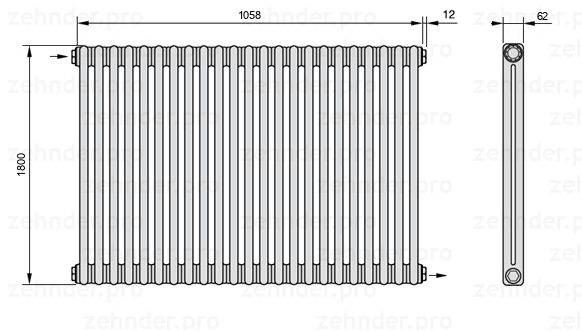 Схема (чертеж) Радиатор Zehnder Charleston 2180/23 №1670 Белый глянцевый RAL 9016